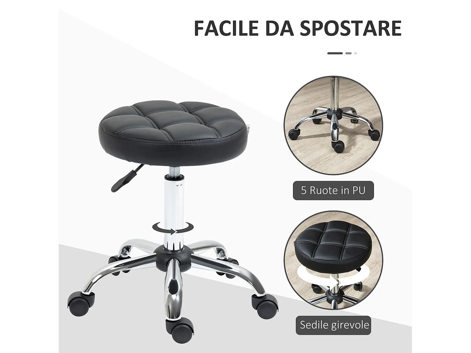 Sgabello girevole rotondo con ruote e altezza regolabile nero