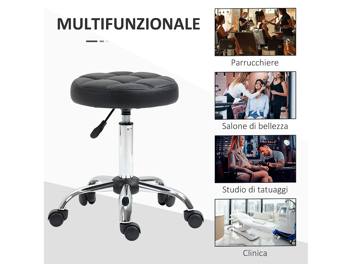 Sgabello girevole rotondo con ruote e altezza regolabile nero