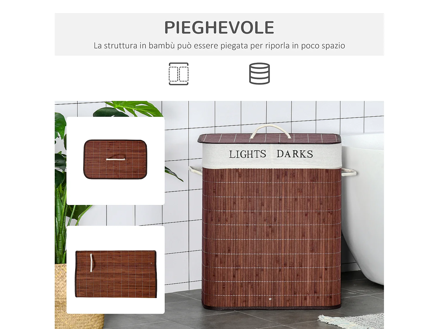 Cesto portabiancheria in bambù a 2 scomparti con coperchio