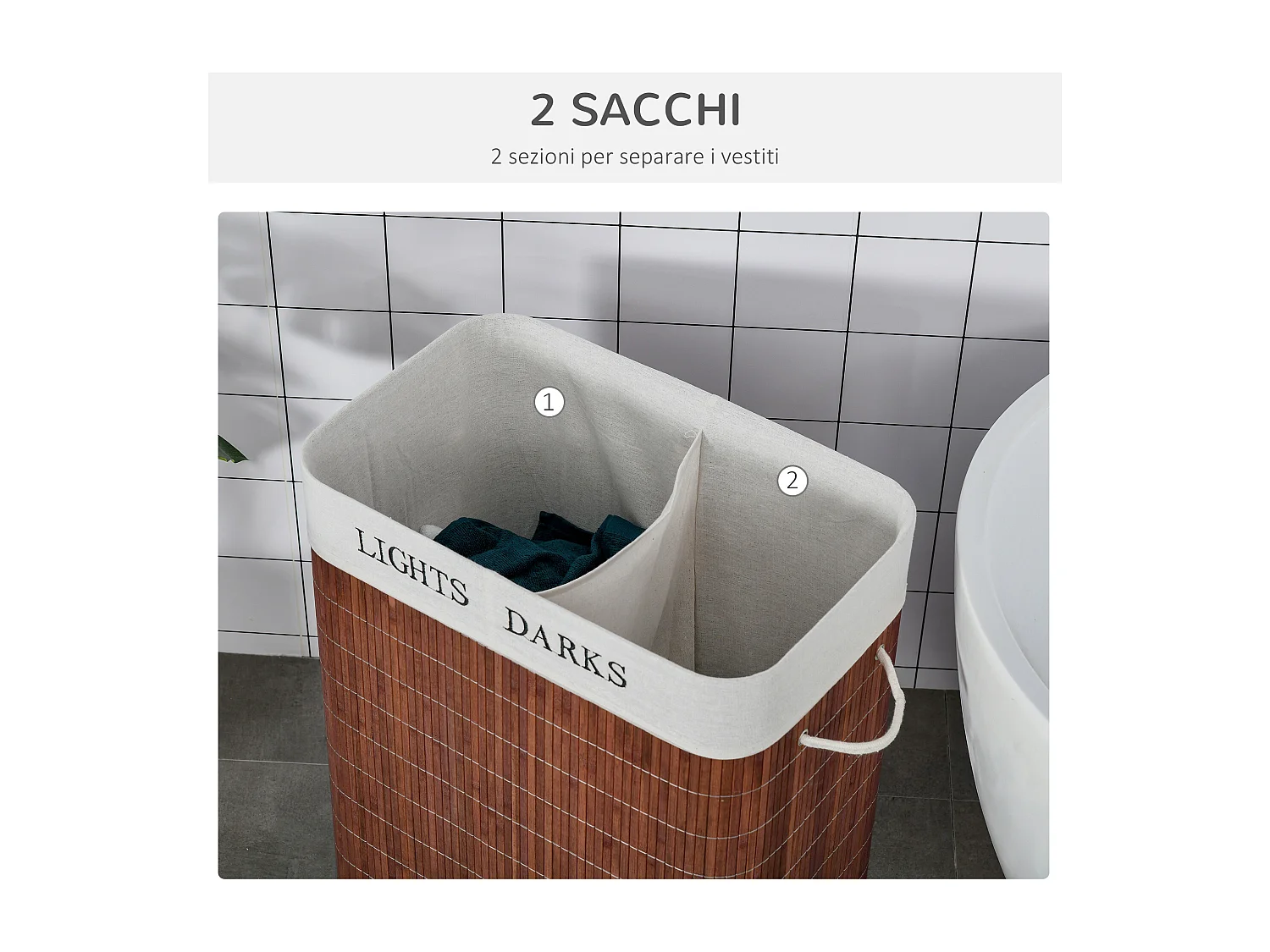 Cesto portabiancheria in bambù a 2 scomparti con coperchio