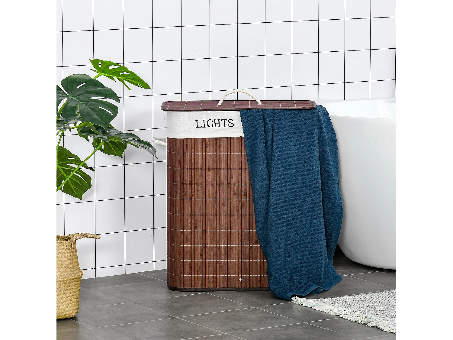 Cesto portabiancheria in bambù a 2 scomparti con coperchio