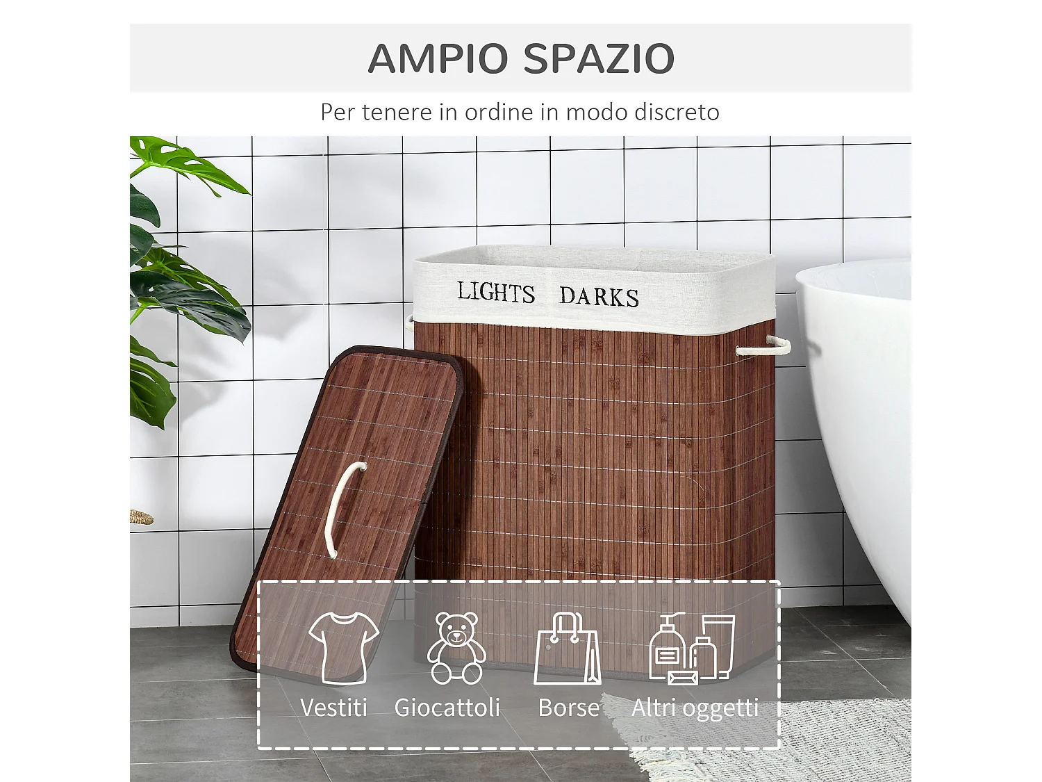 Cesto portabiancheria in bambù a 2 scomparti con coperchio