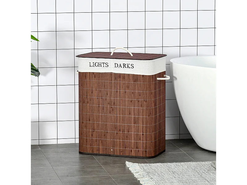 Cesto portabiancheria in bambù a 2 scomparti con coperchio