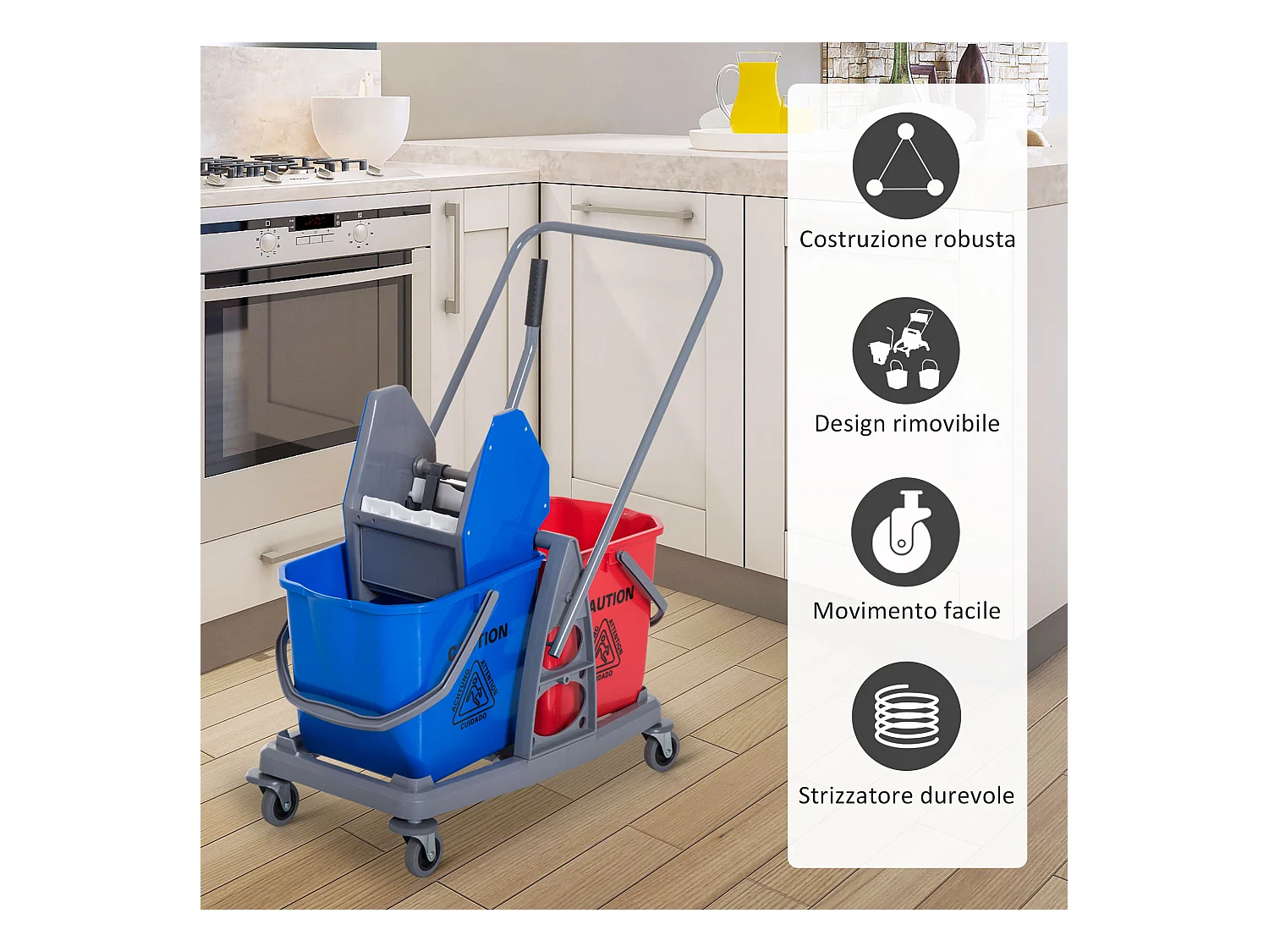 Carrello Pulizie Professionale con Ruote 2 Secchi da 25L e Strizzatore