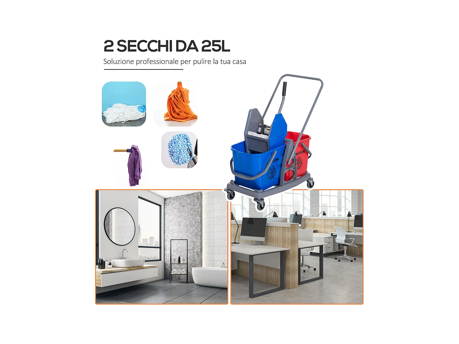 Carrello Pulizie Professionale con Ruote 2 Secchi da 25L e Strizzatore