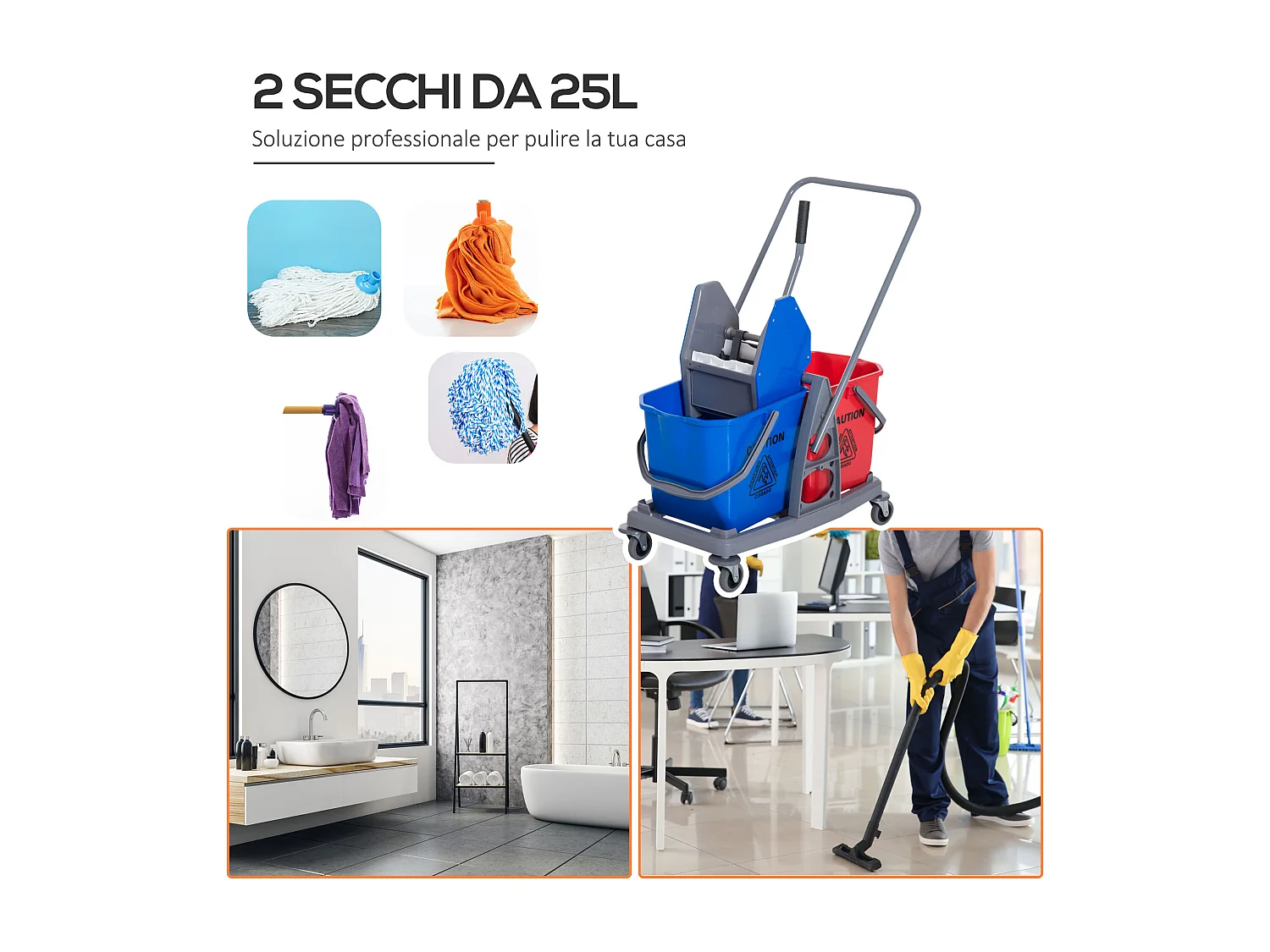 Carrello Pulizie Professionale con Ruote 2 Secchi da 25L e Strizzatore