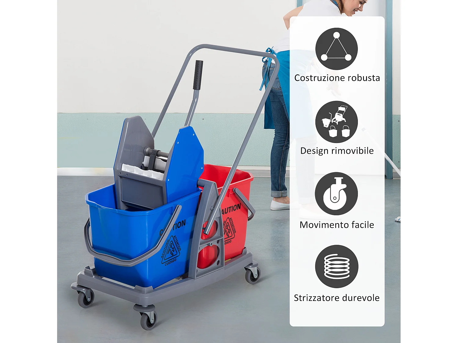 Carrello Pulizie Professionale con Ruote 2 Secchi da 25L e Strizzatore