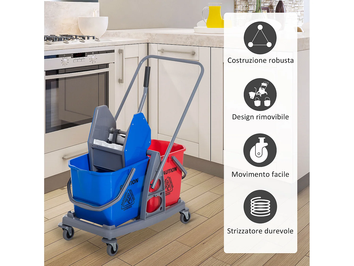 Carrello Pulizie Professionale con Ruote 2 Secchi da 25L e Strizzatore