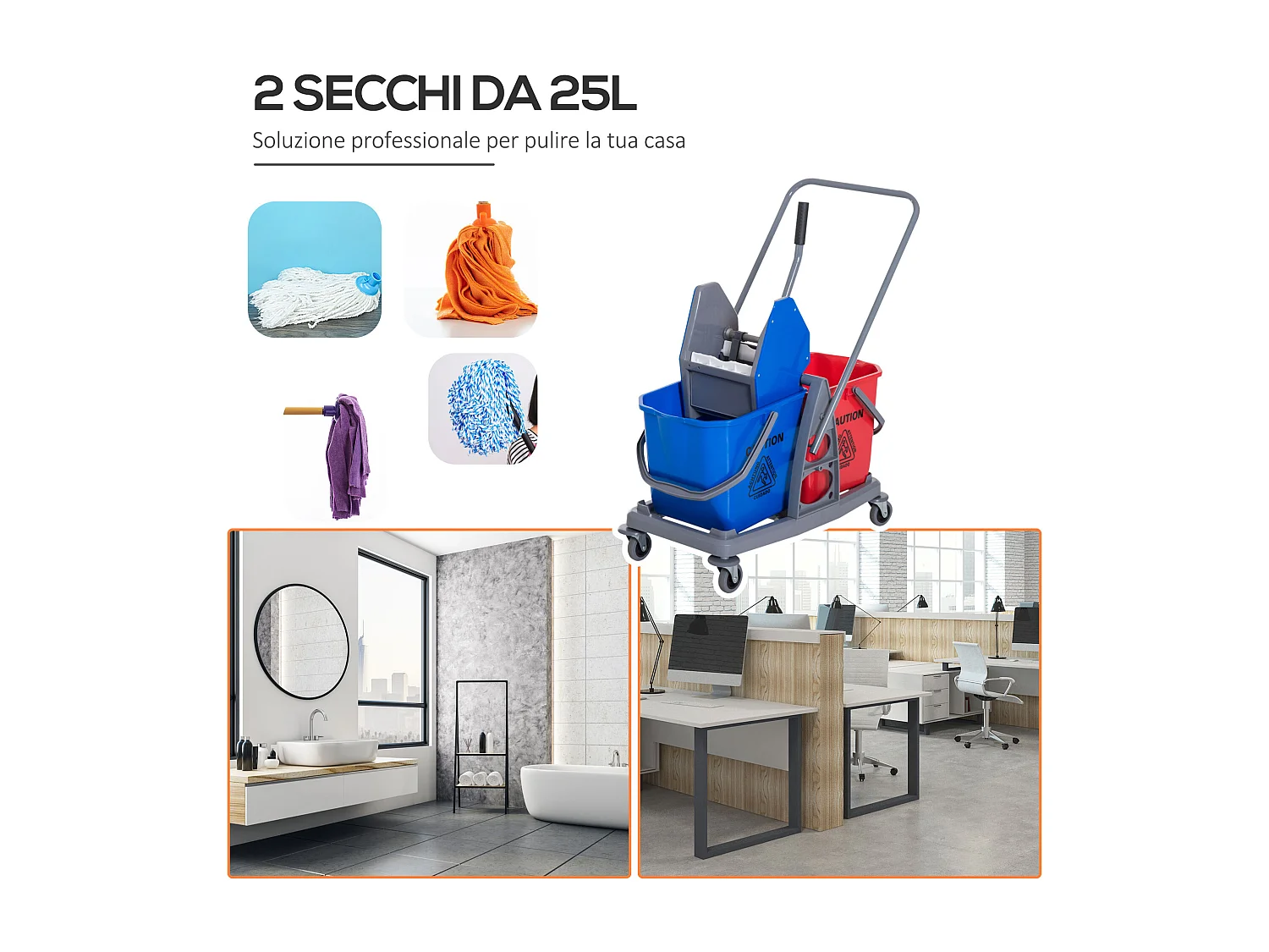 Carrello Pulizie Professionale con Ruote 2 Secchi da 25L e Strizzatore