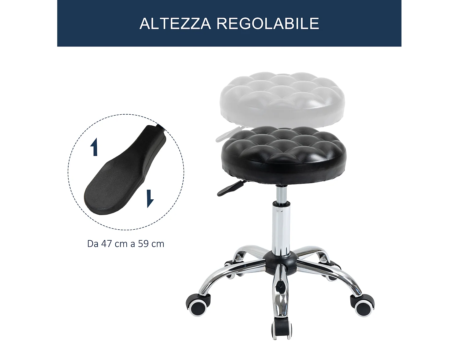 Sgabello ad altezza regolabile 5 ruote in acciaio e gommapiuma