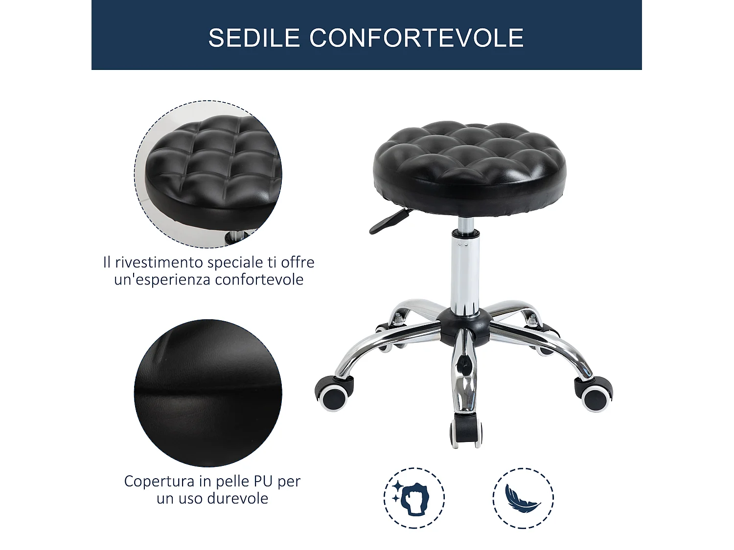 Sgabello ad altezza regolabile 5 ruote in acciaio e gommapiuma