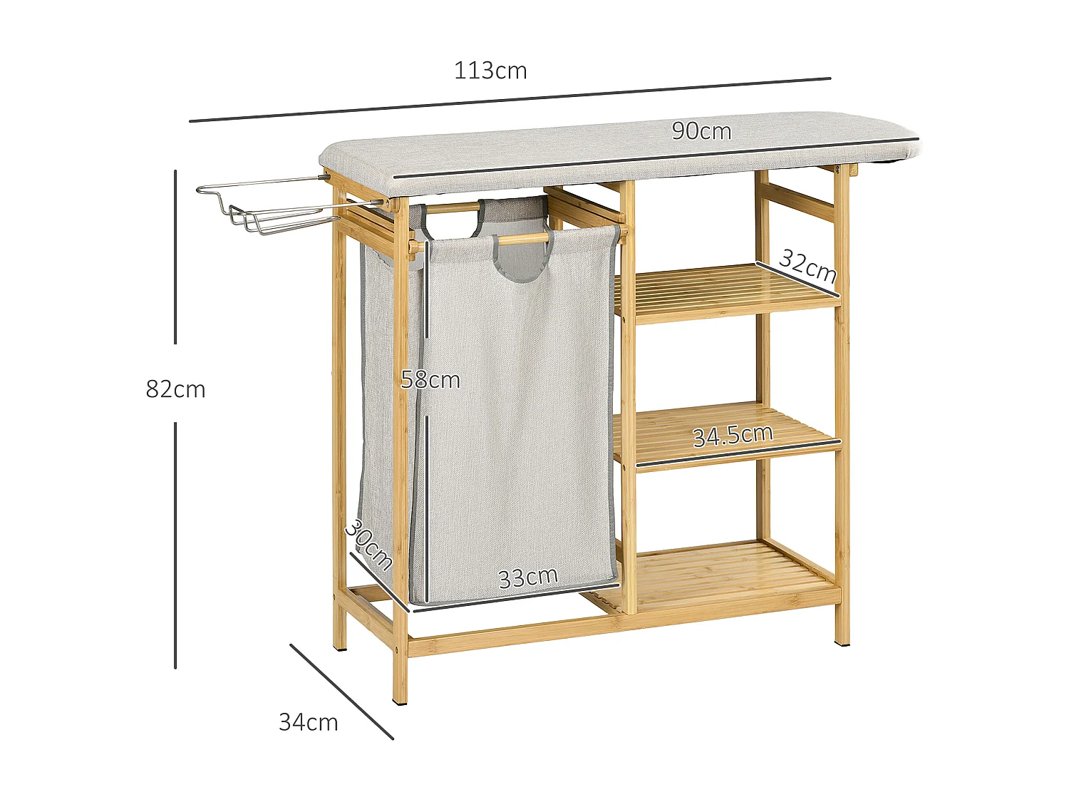 Cestino portabiancheria in bambù con asse da stiro Ripiano a 3 livelli