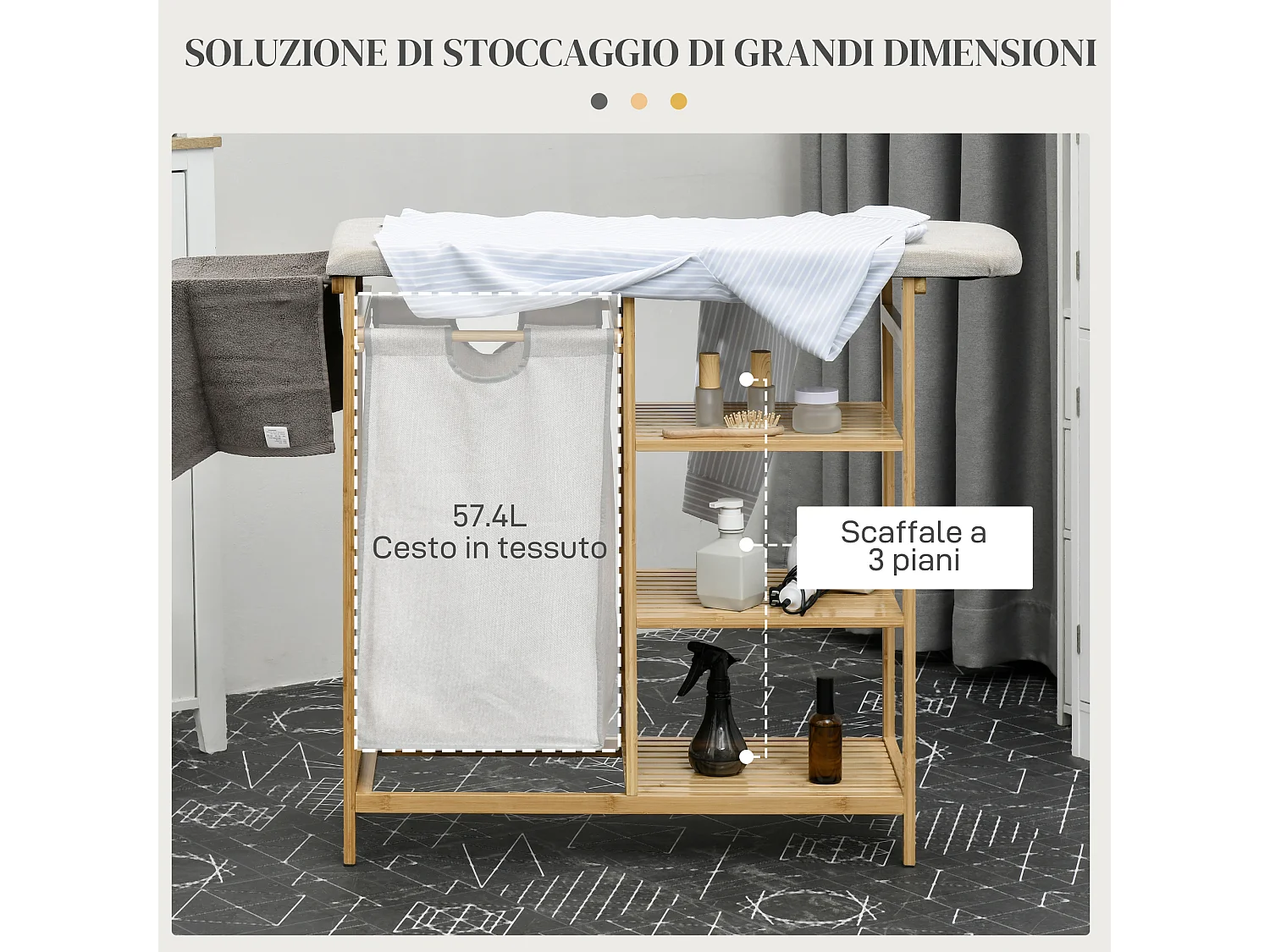 Cestino portabiancheria in bambù con asse da stiro Ripiano a 3 livelli