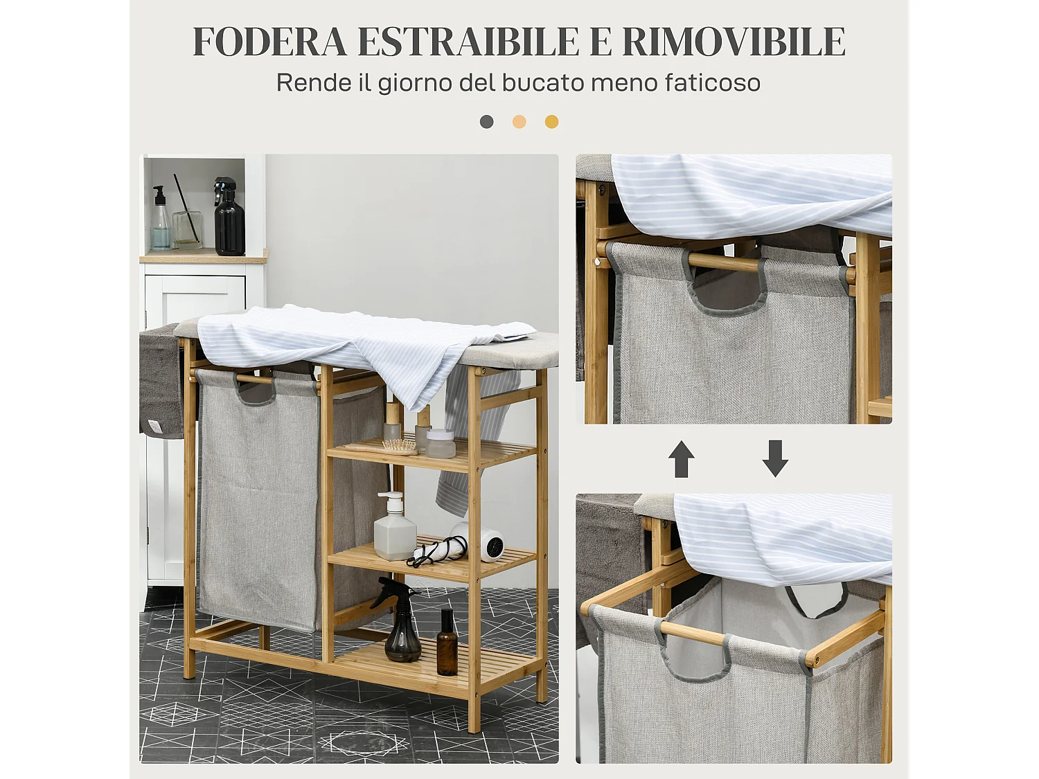 Cestino portabiancheria in bambù con asse da stiro Ripiano a 3 livelli