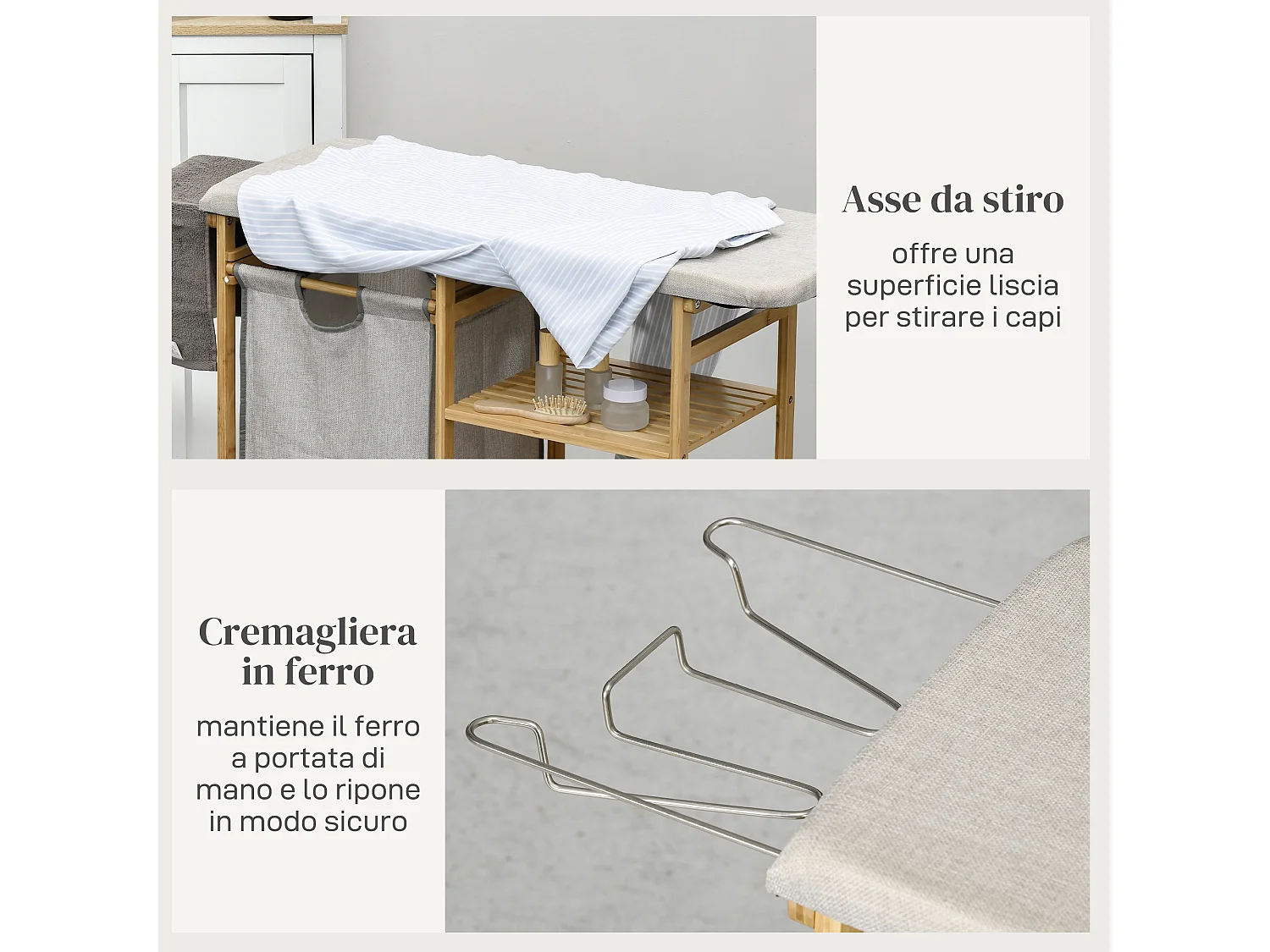 Cestino portabiancheria in bambù con asse da stiro Ripiano a 3 livelli