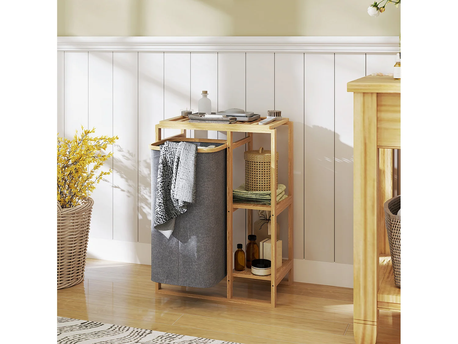 Cesto portabiancheria con borsa estraibile e ripiani a doghe in bambù