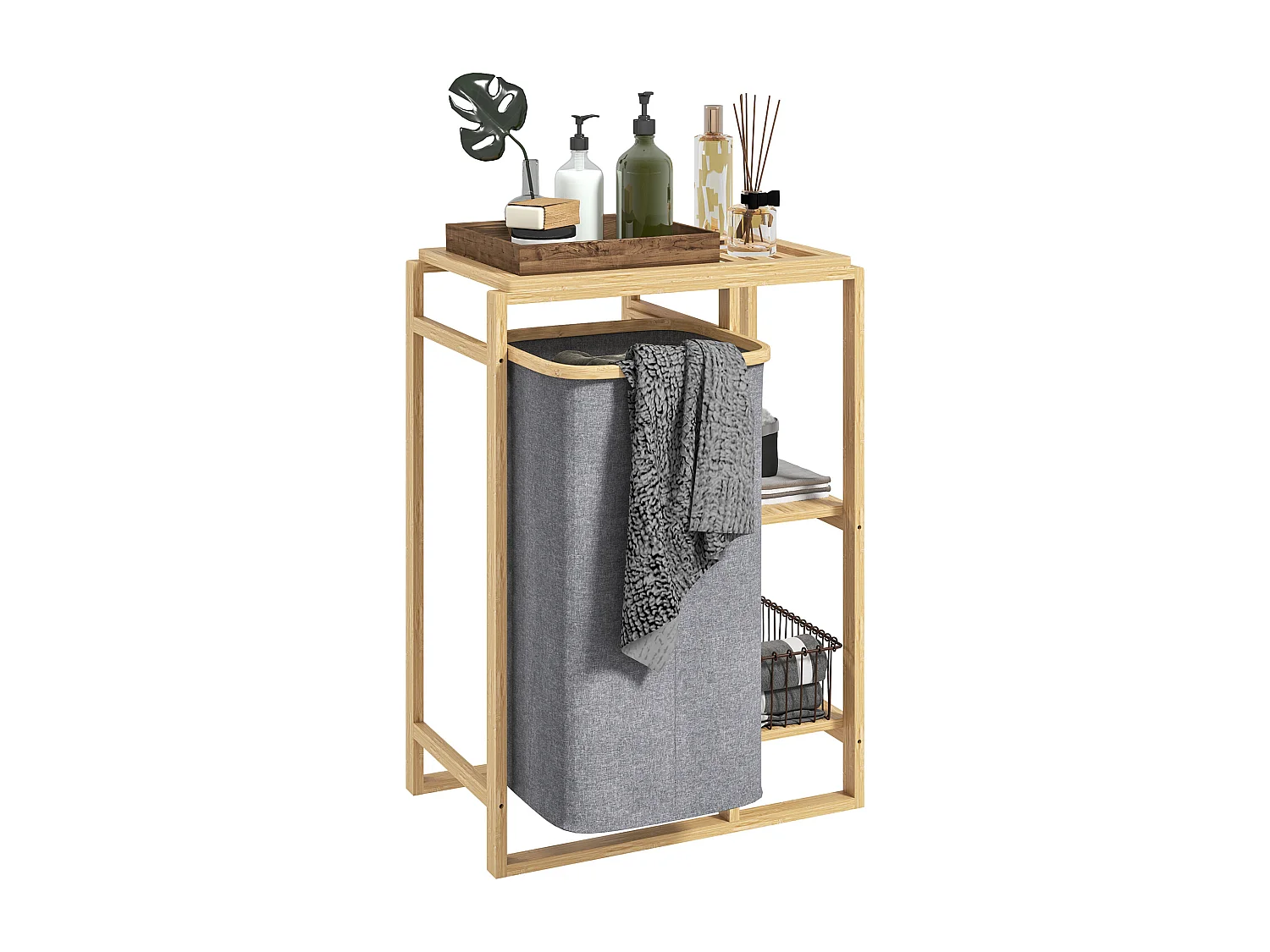 Cesto portabiancheria con borsa estraibile e ripiani a doghe in bambù