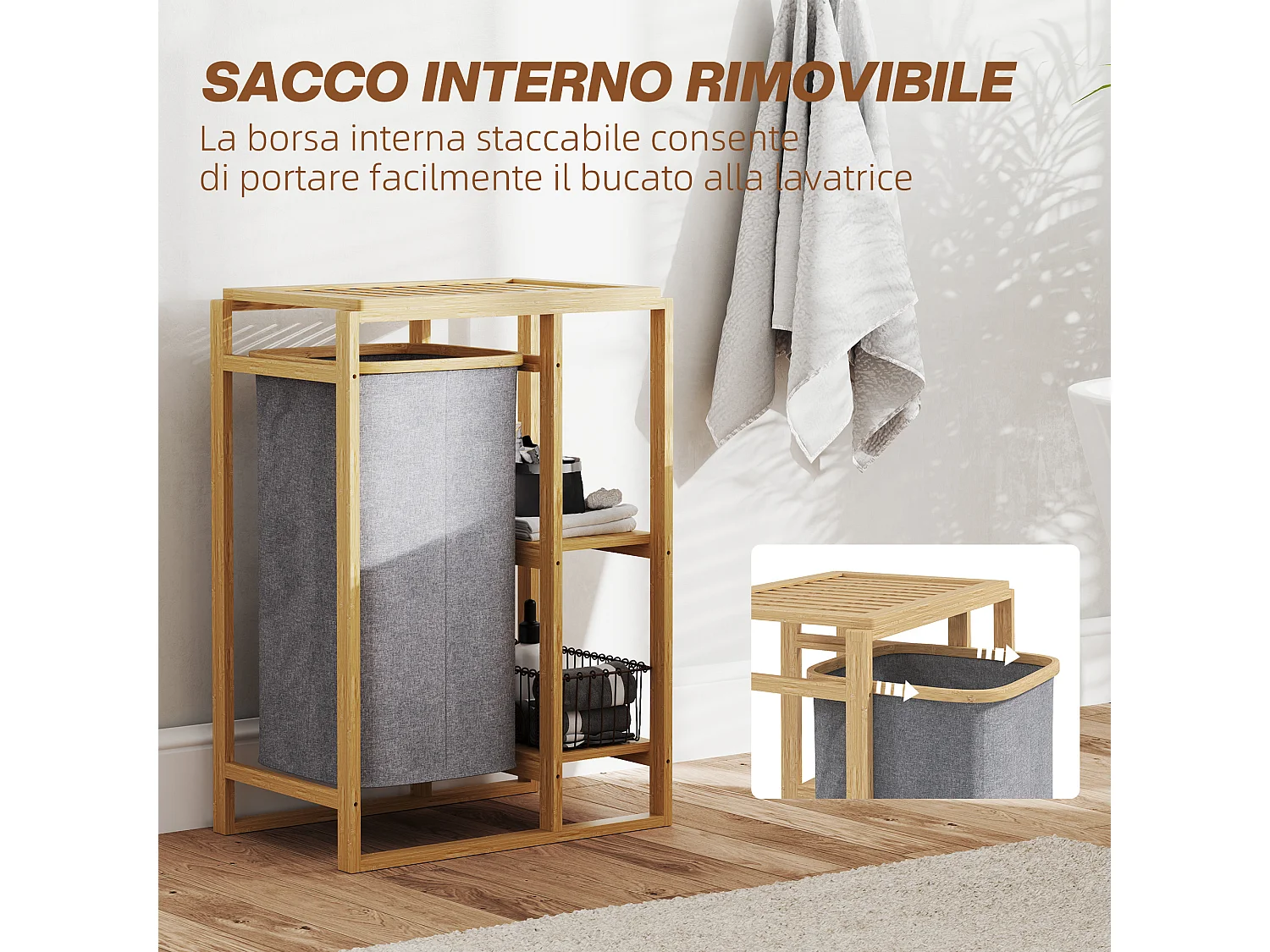 Cesto portabiancheria con borsa estraibile e ripiani a doghe in bambù