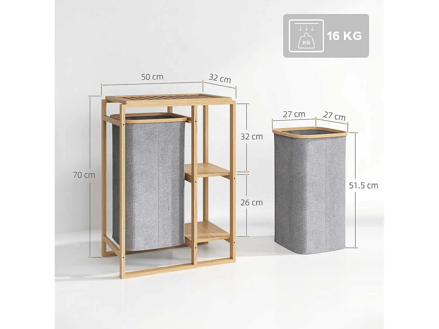 Cesto portabiancheria con borsa estraibile e ripiani a doghe in bambù