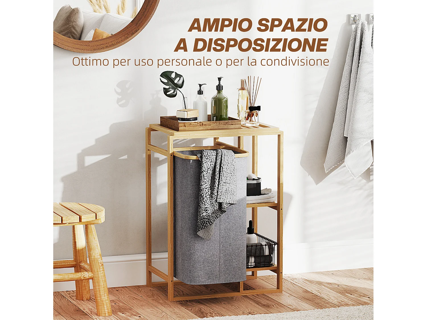 Cesto portabiancheria con borsa estraibile e ripiani a doghe in bambù