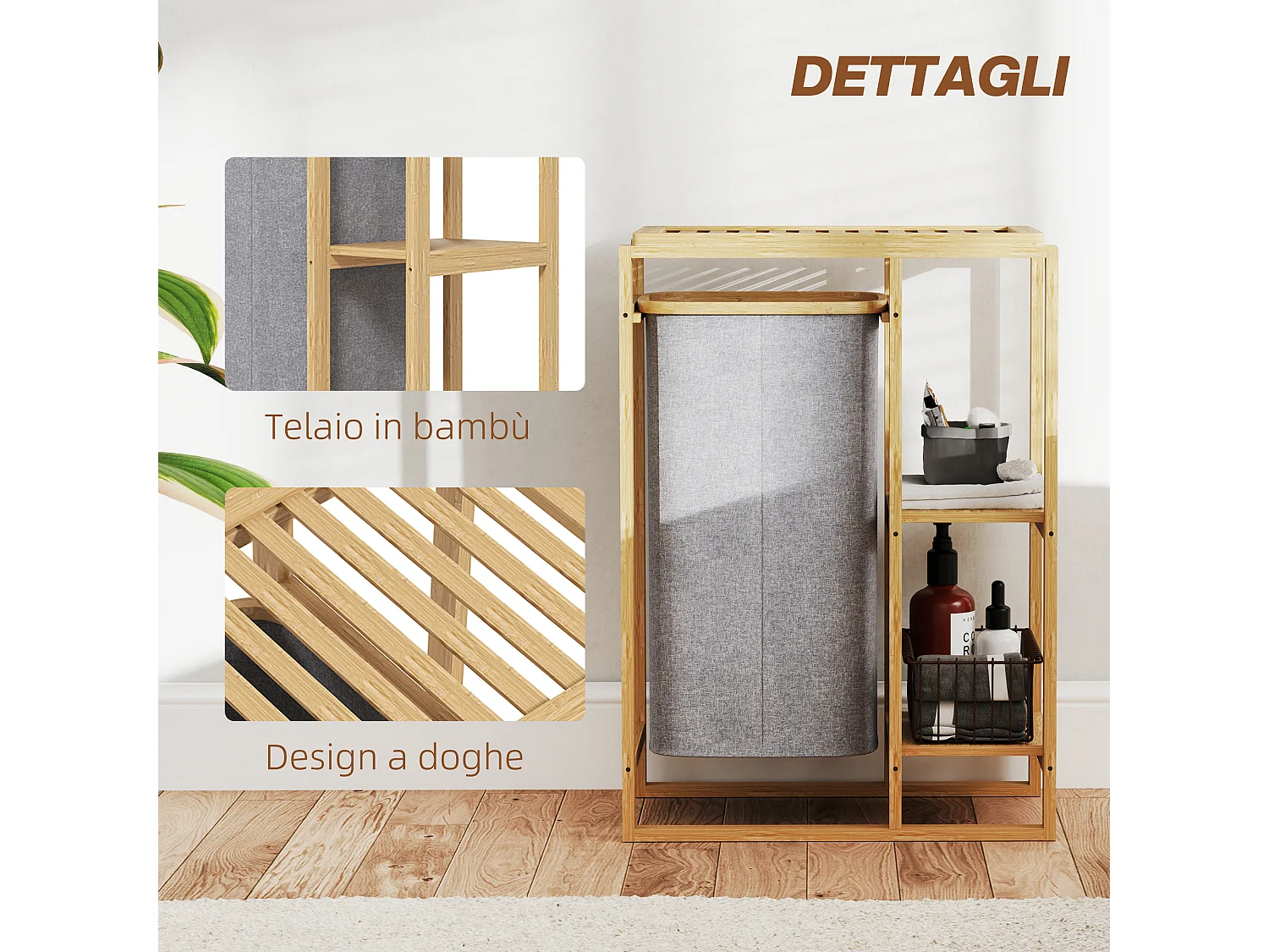 Cesto portabiancheria con borsa estraibile e ripiani a doghe in bambù