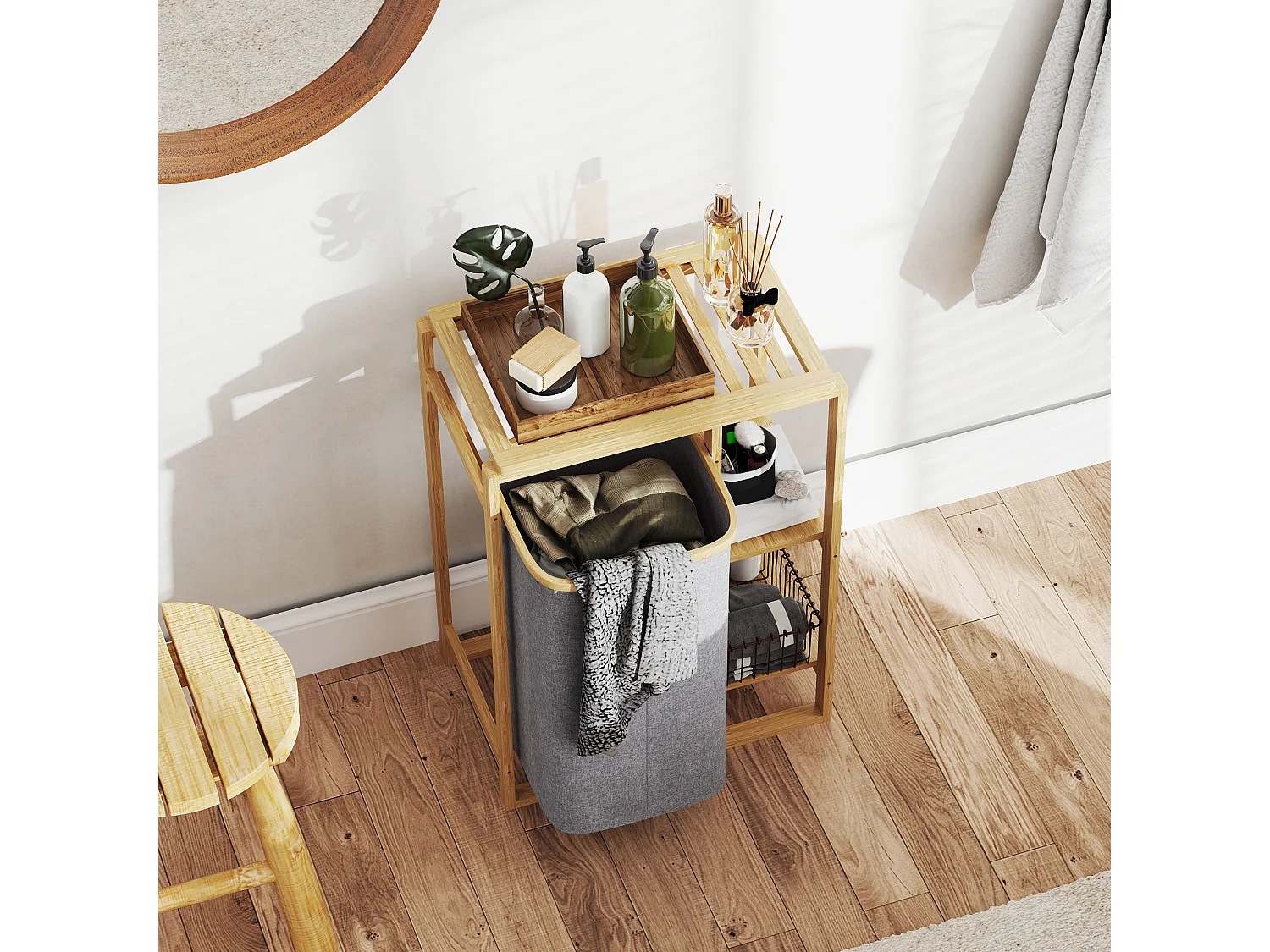 Cesto portabiancheria con borsa estraibile e ripiani a doghe in bambù