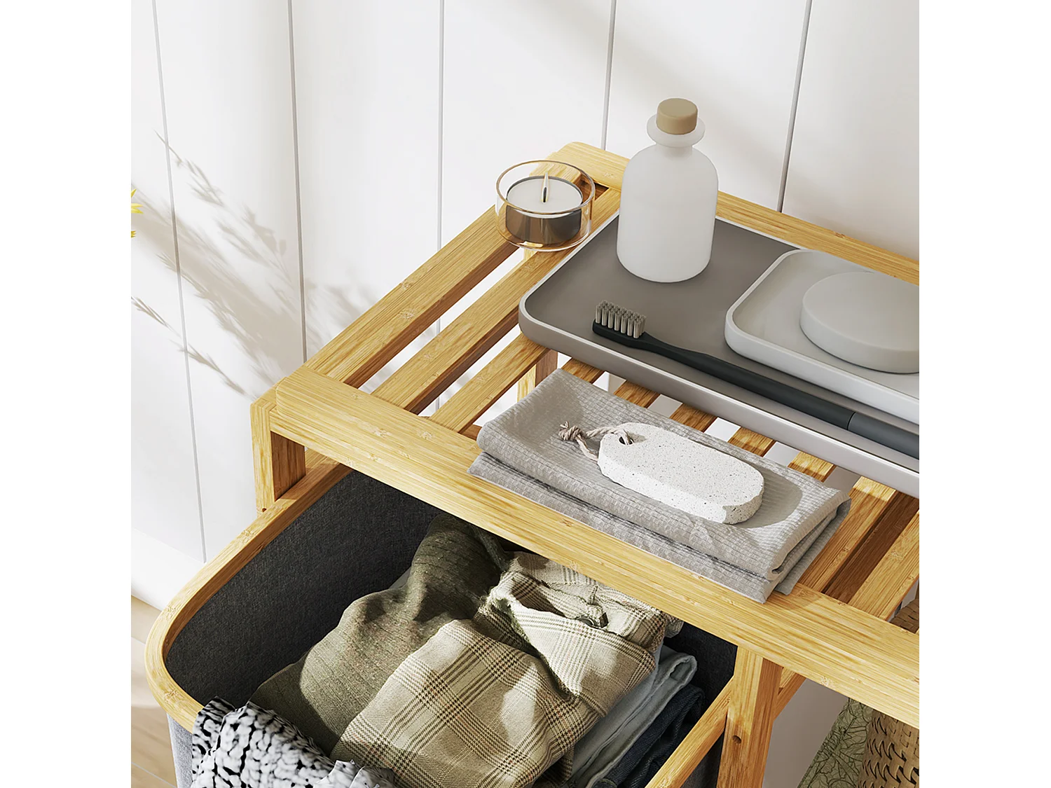 Cesto portabiancheria con borsa estraibile e ripiani a doghe in bambù