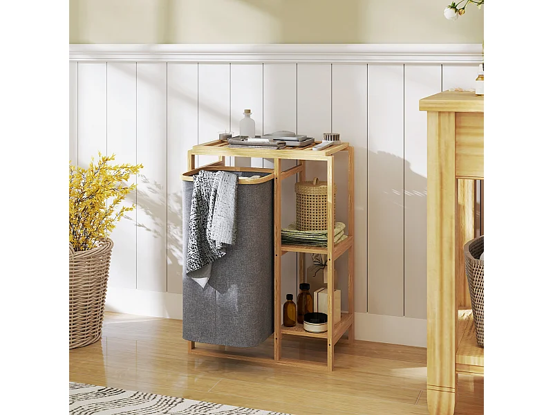 Cesto portabiancheria con borsa estraibile e ripiani a doghe in bambù