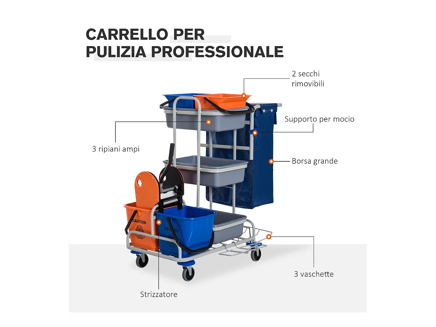 Carrello per Pulizie Professionale Secchio con Strizzatore e Rotelle