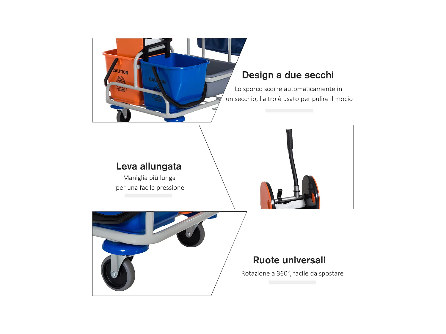 Carrello per Pulizie Professionale Secchio con Strizzatore e Rotelle