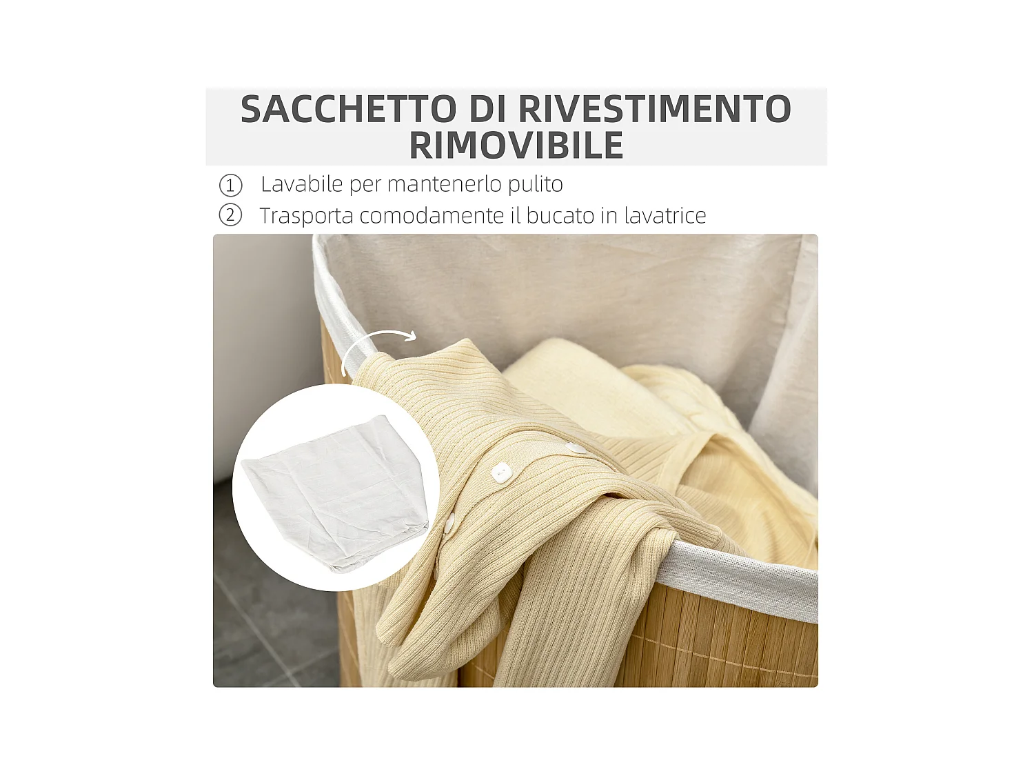 Cesto portabiancheria con coperchio triangolare in bambù color legno