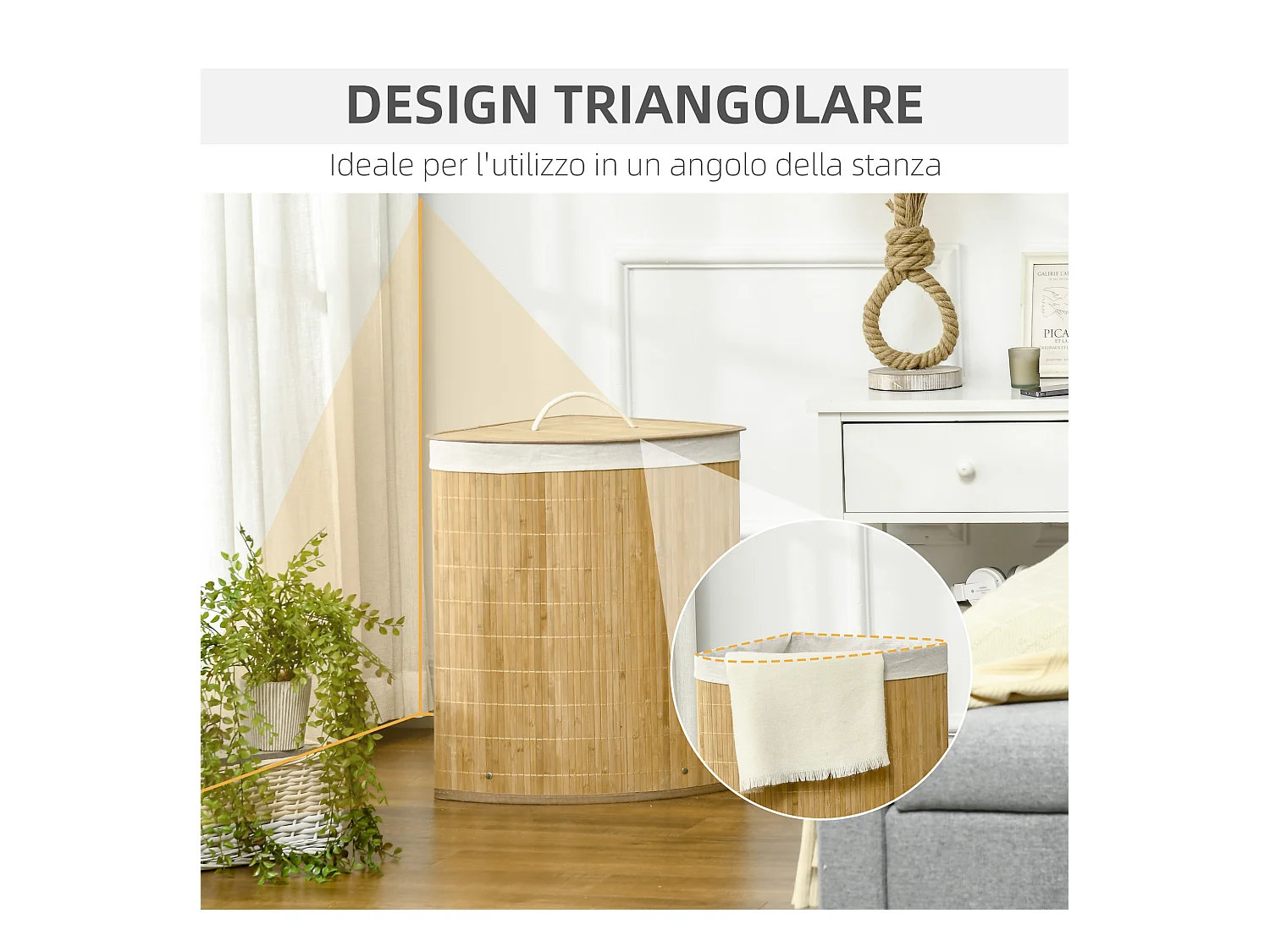 Cesto portabiancheria con coperchio triangolare in bambù color legno