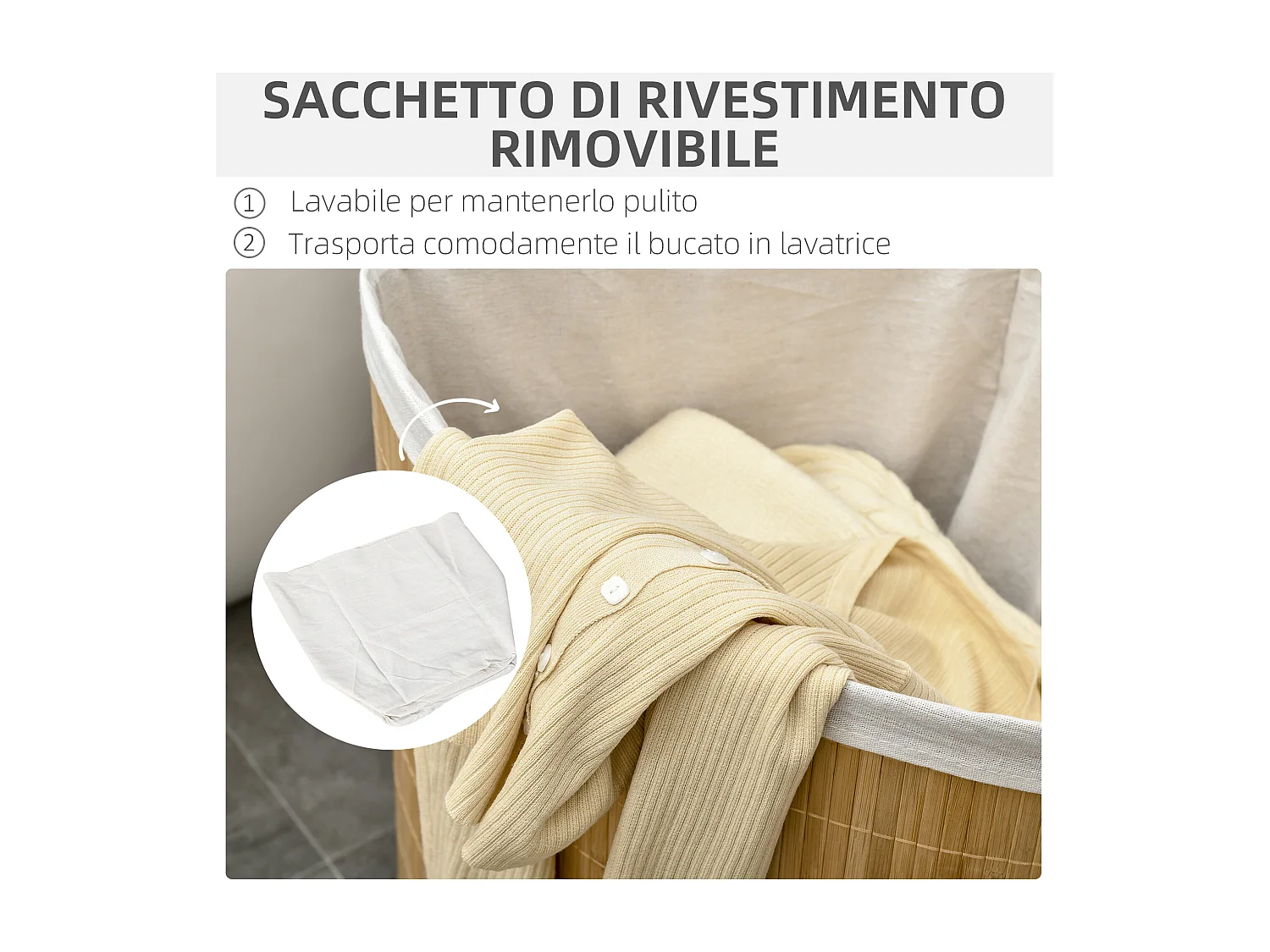 Cesto portabiancheria con coperchio triangolare in bambù color legno