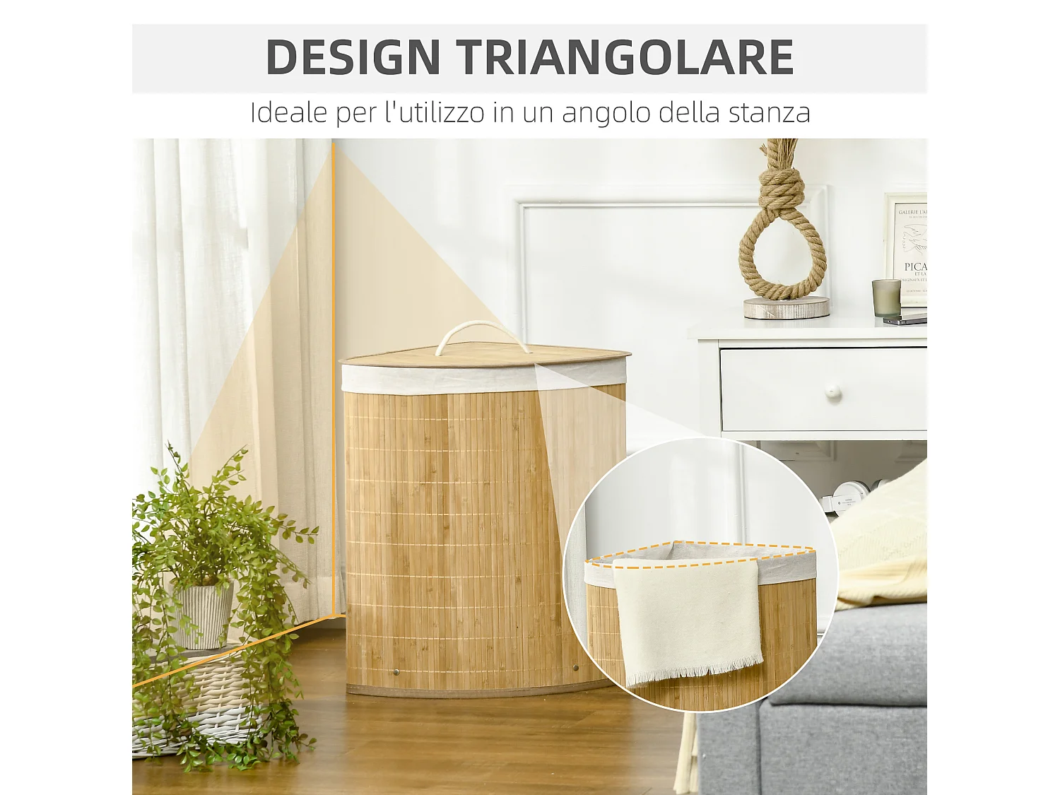 Cesto portabiancheria con coperchio triangolare in bambù color legno