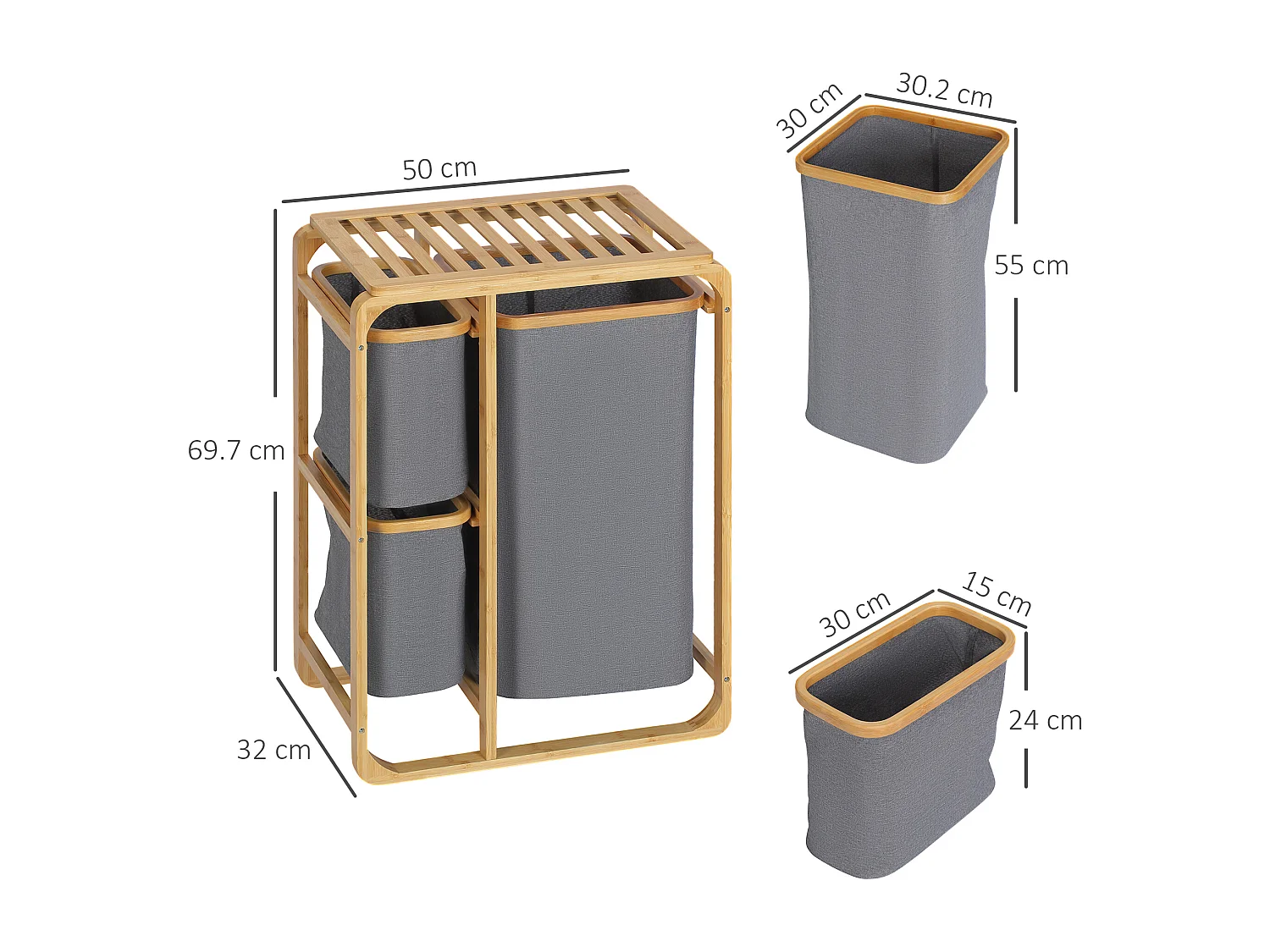 Cesto portabiancheria con 3 scomparti in tessuto e bambù
