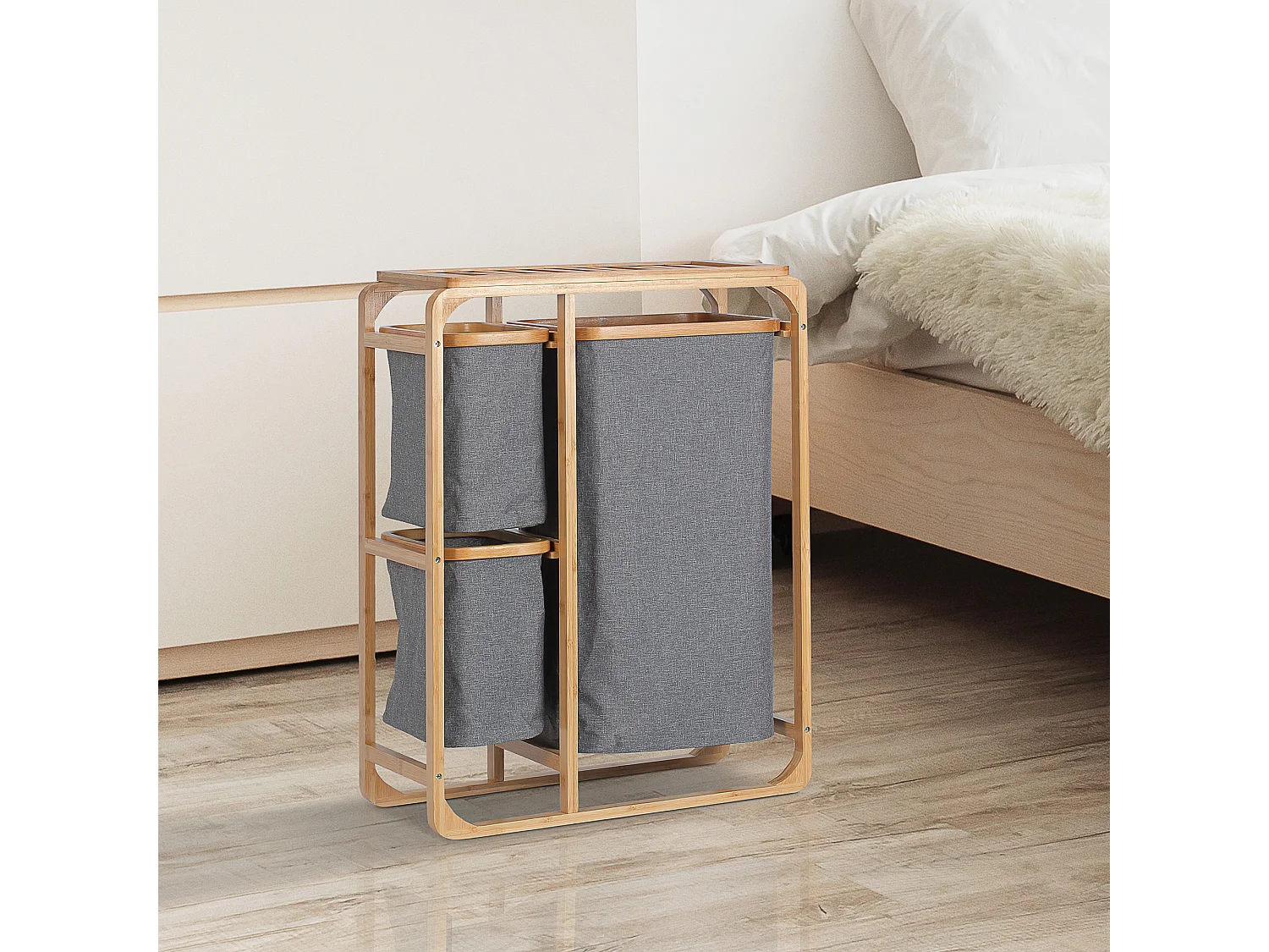Cesto portabiancheria con 3 scomparti in tessuto e bambù