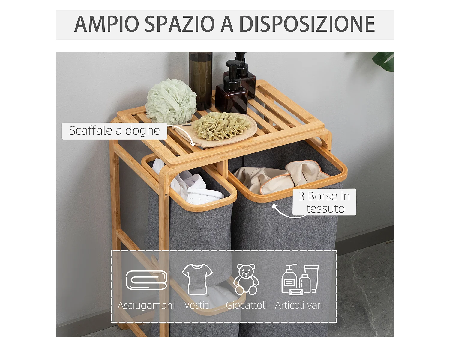 Cesto portabiancheria con 3 scomparti in tessuto e bambù