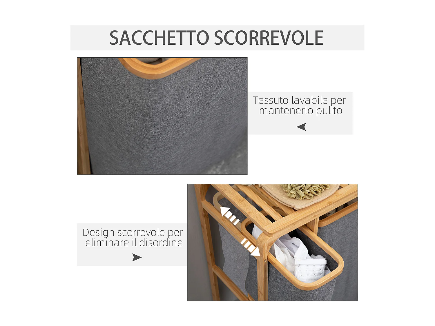 Cesto portabiancheria con 3 scomparti in tessuto e bambù