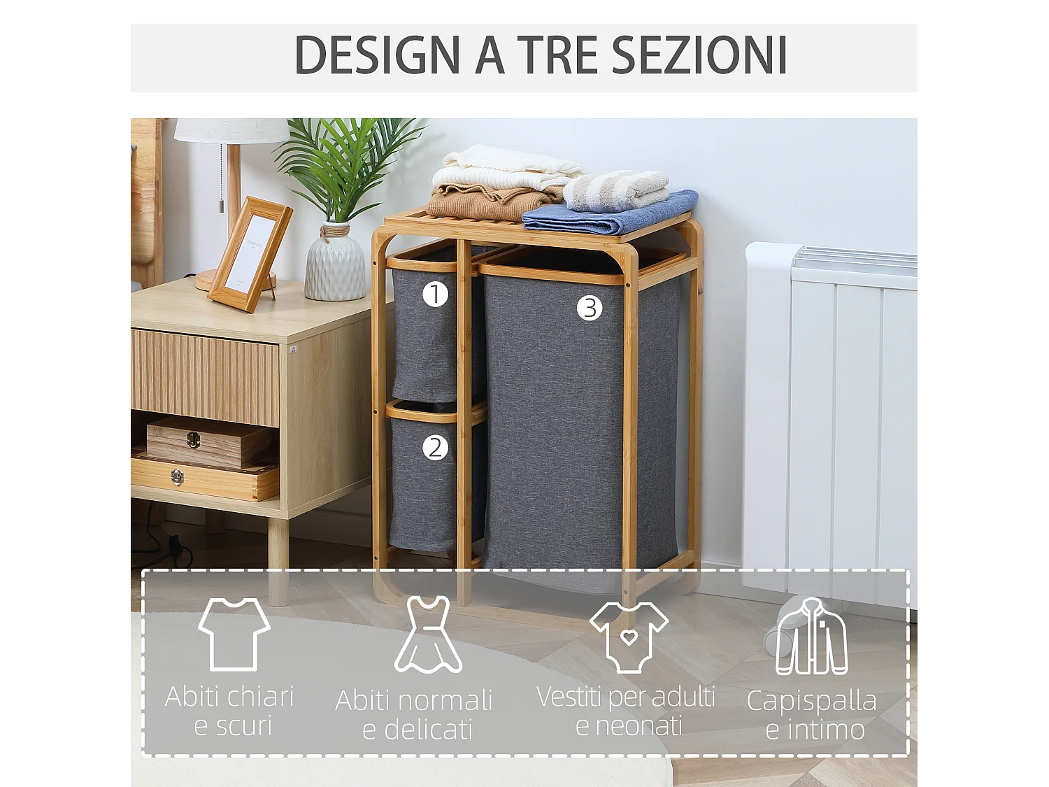 Cesto portabiancheria con 3 scomparti in tessuto e bambù