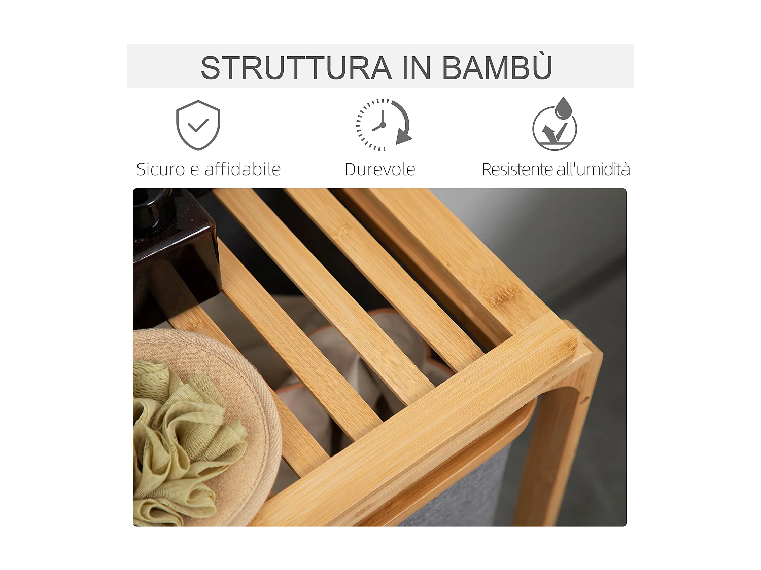 Cesto portabiancheria con 3 scomparti in tessuto e bambù