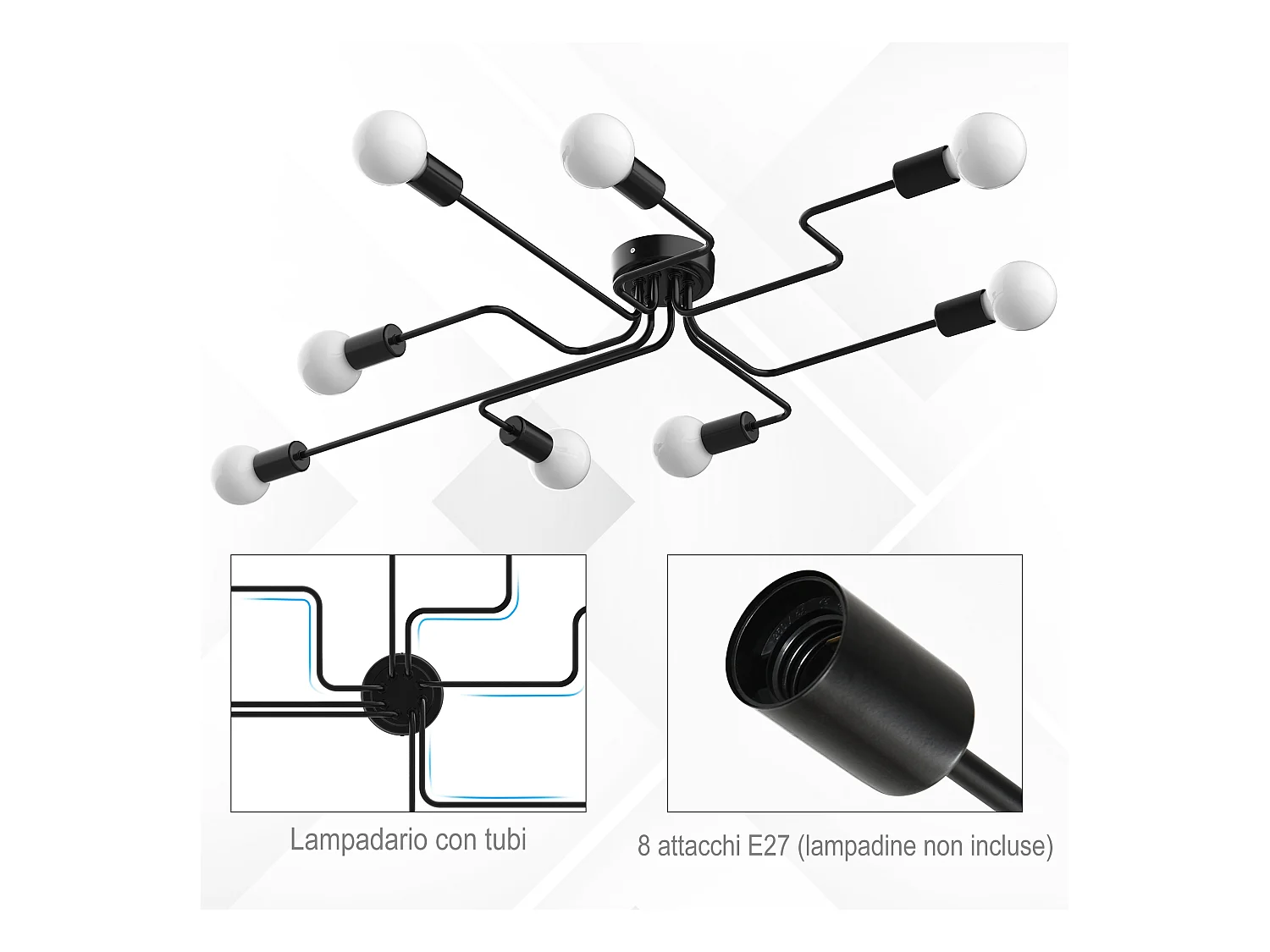 Lampadario a soffitto moderno 8 punti luce in metallo nero