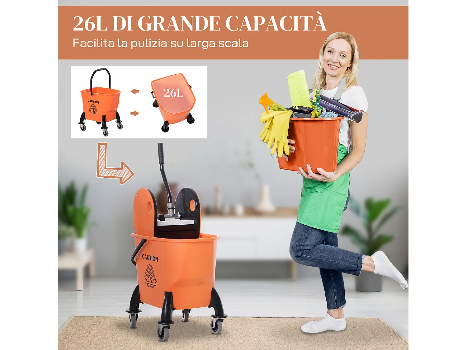 Carrello Lavapavimenti Professionale Secchio 26L e Strizzatore Rimovibile