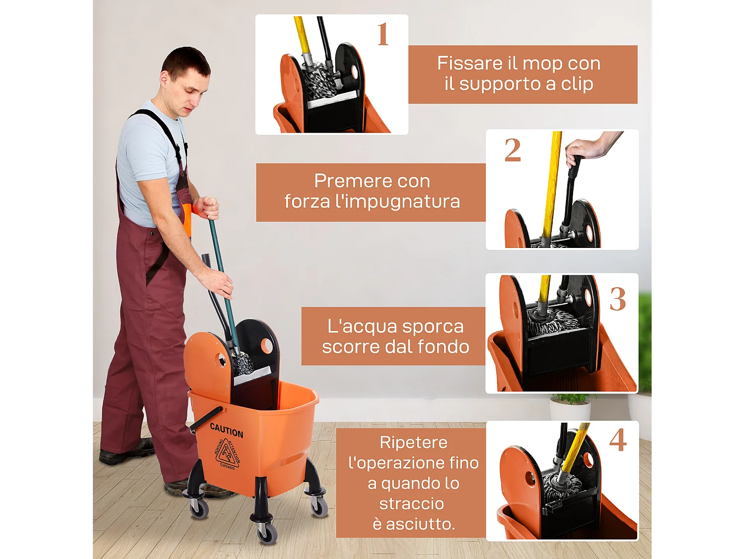 Carrello Lavapavimenti Professionale Secchio 26L e Strizzatore Rimovibile