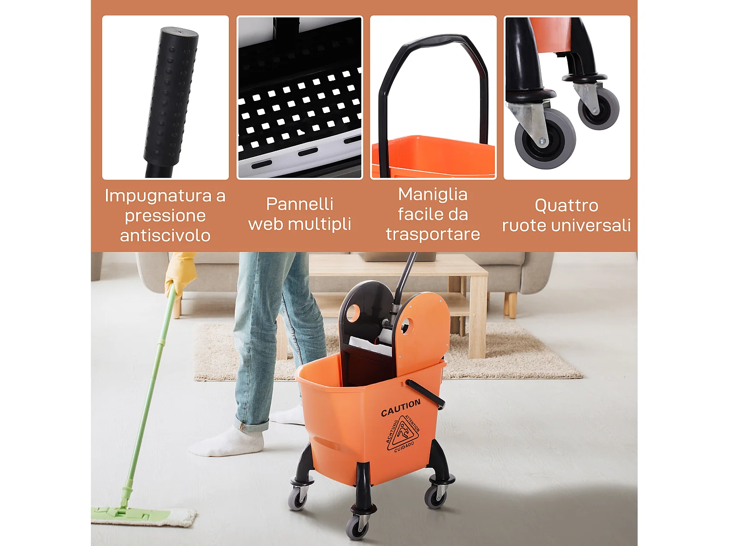 Carrello Lavapavimenti Professionale Secchio 26L e Strizzatore Rimovibile