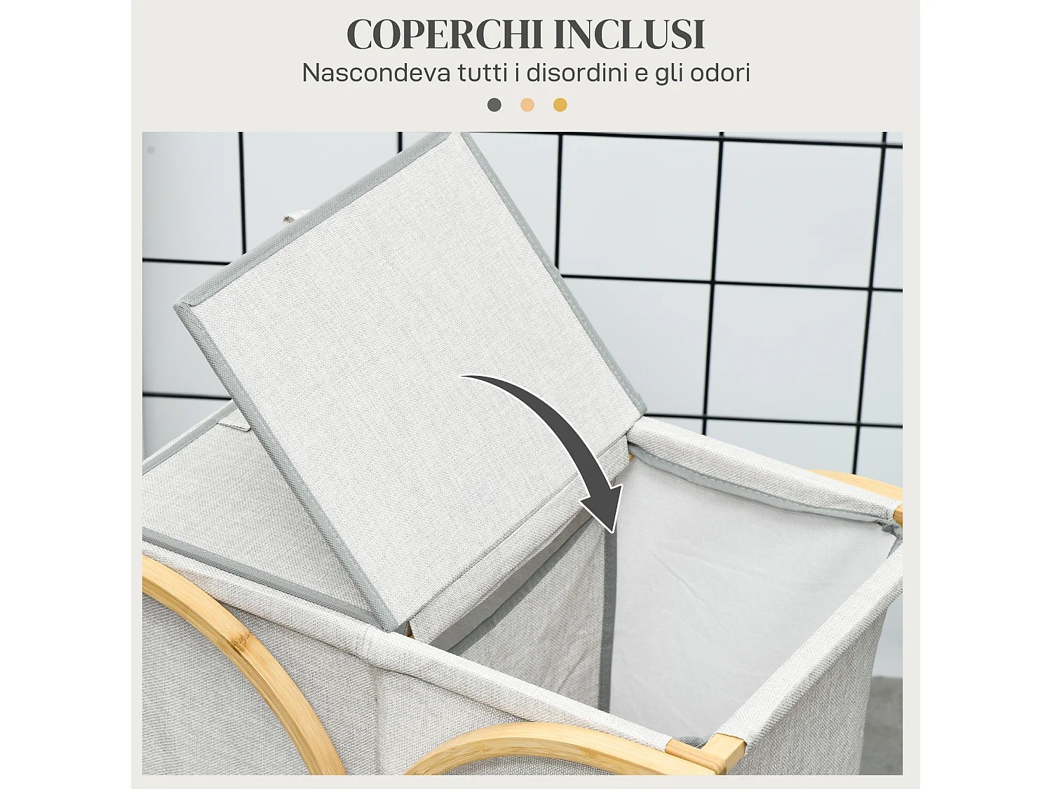 Portabiancheria a 2 cesti con coperchio in bambù e poliestere