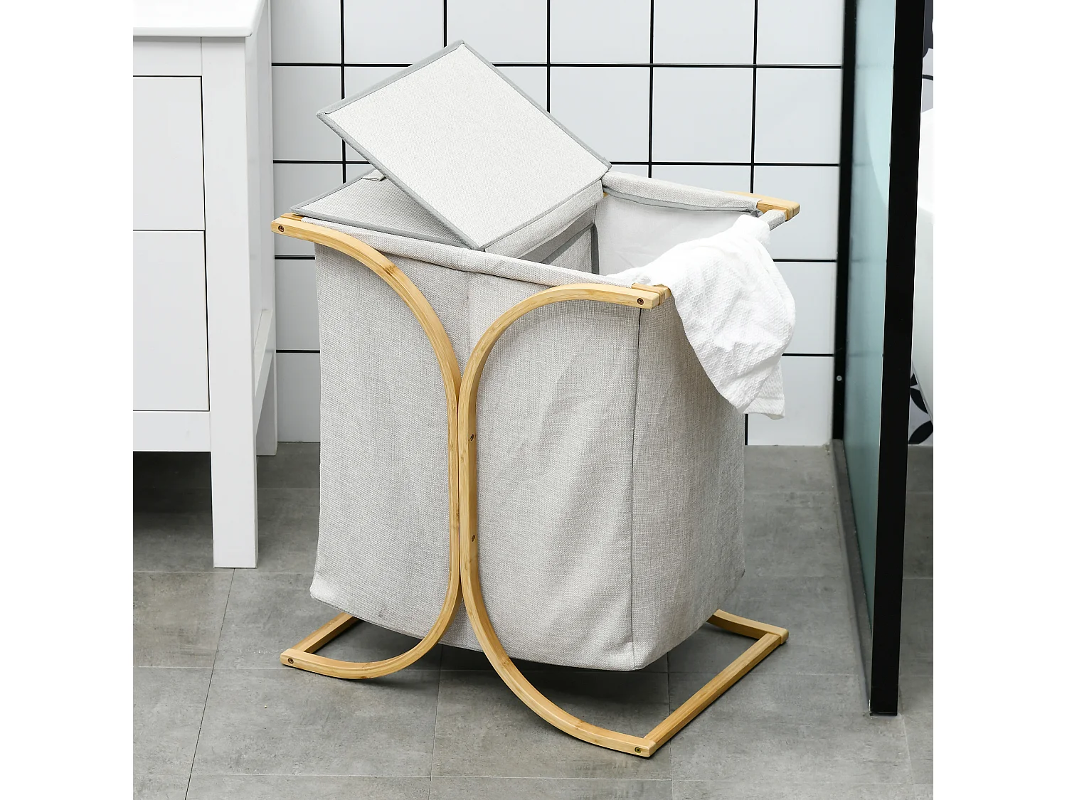 Portabiancheria a 2 cesti con coperchio in bambù e poliestere
