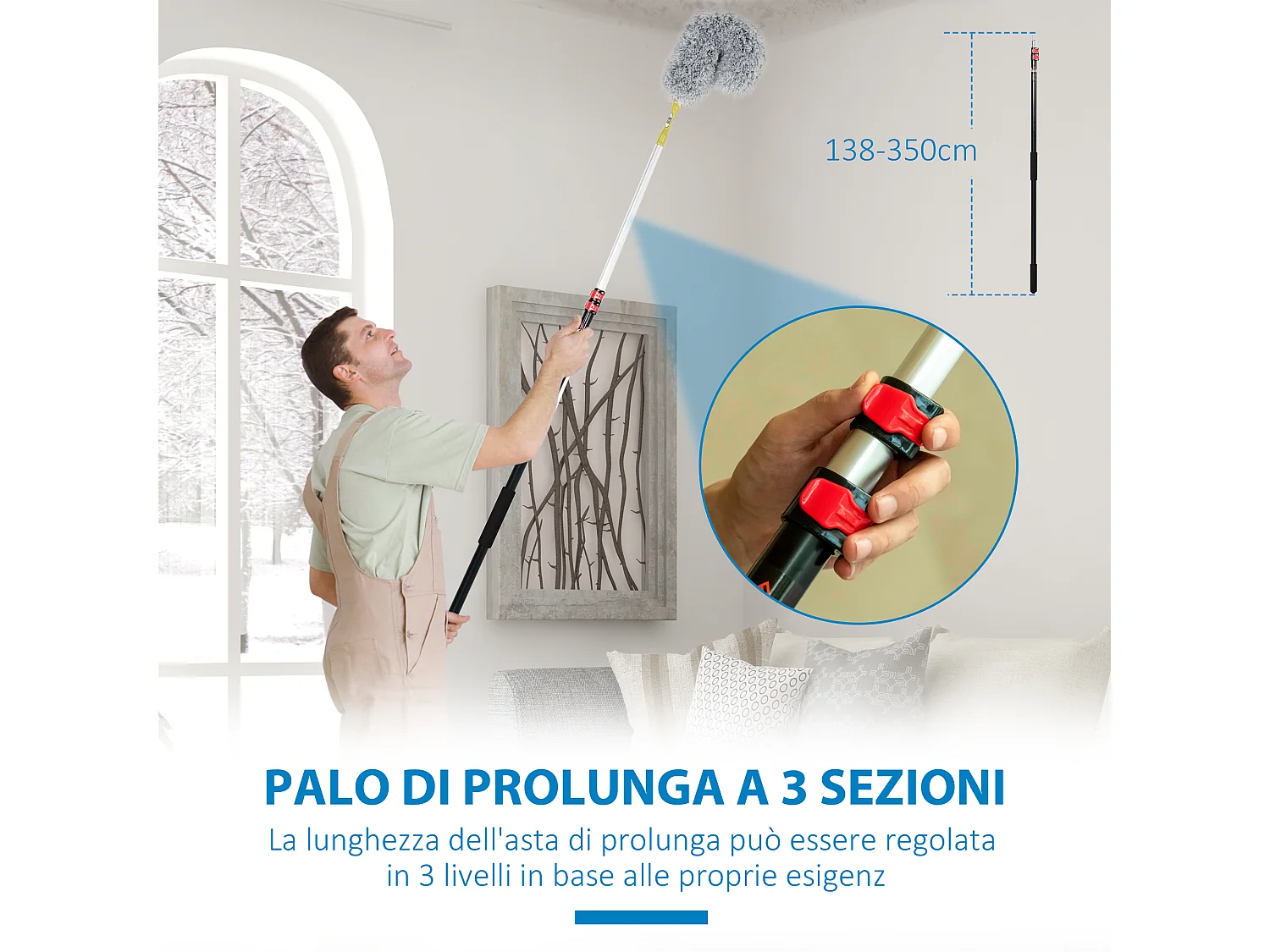 Kit di pulizia per casa e ufficio con 3 spolverini e asta lunga