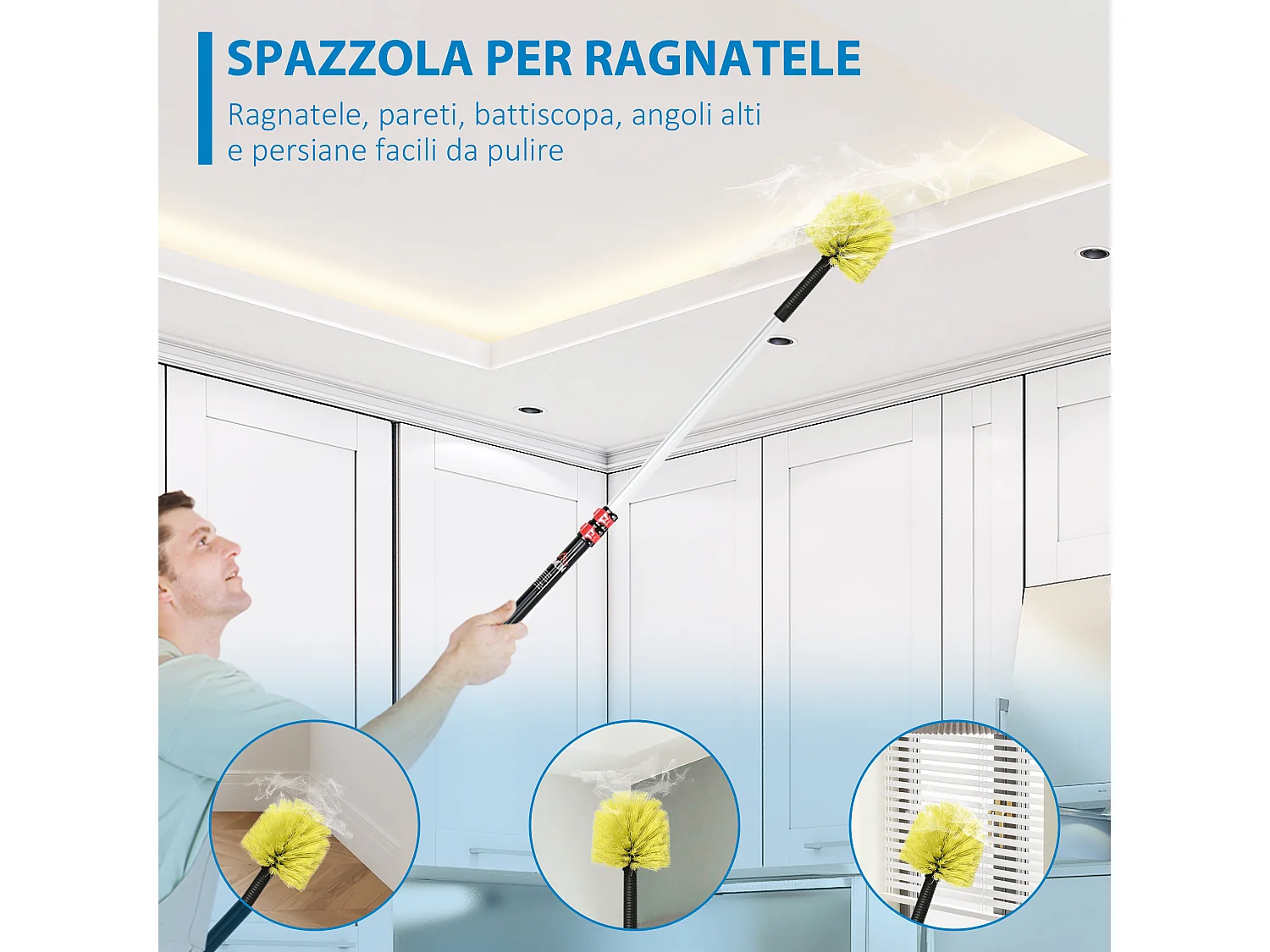Kit di pulizia per casa e ufficio con 3 spolverini e asta lunga