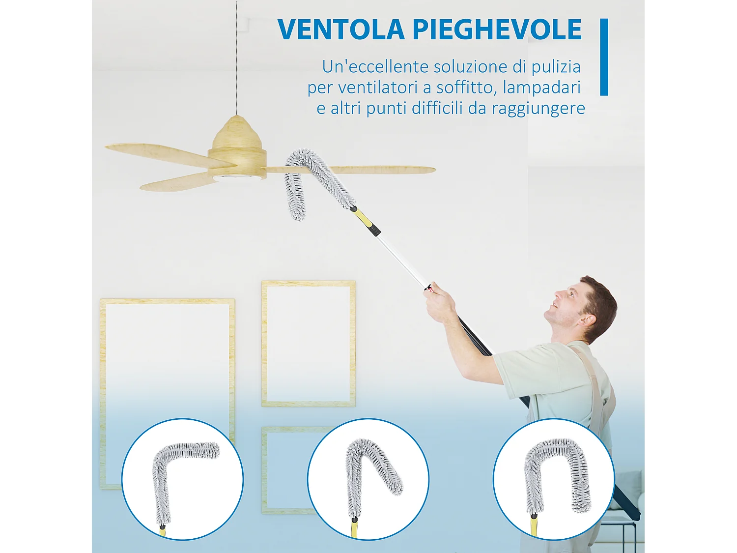 Kit di pulizia per casa e ufficio con 3 spolverini e asta lunga