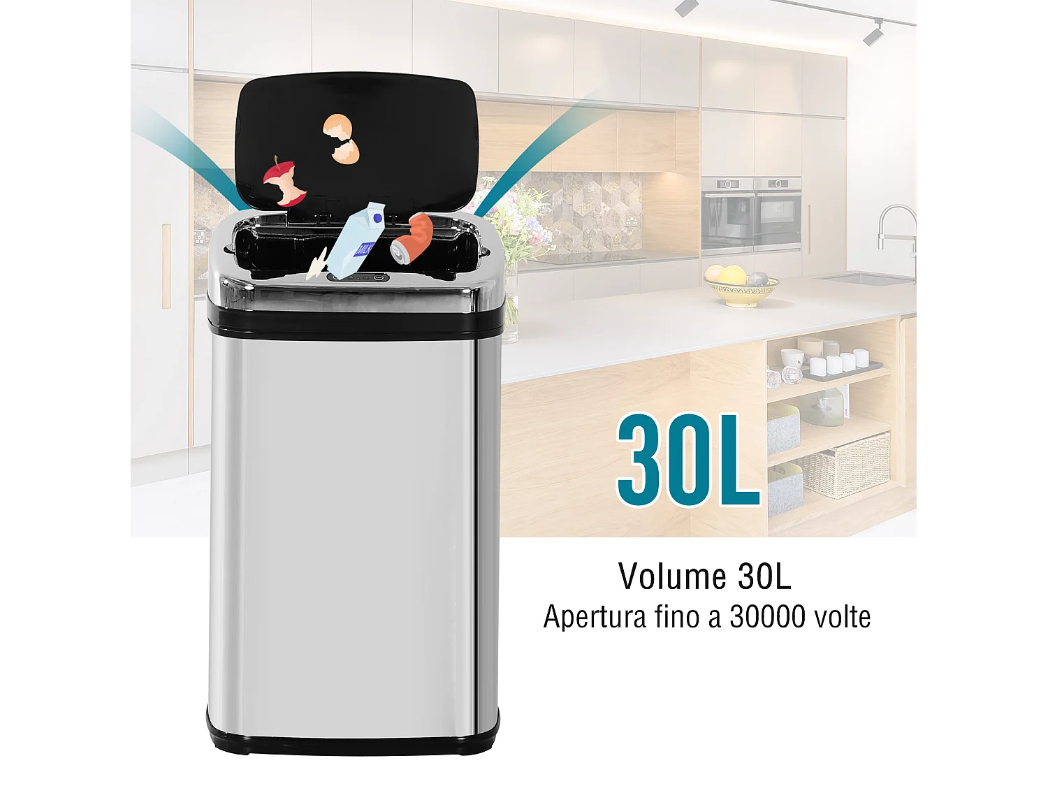 Pattumiera automatica 30l con sensore elettrico in acciaio inox